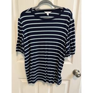Time And Tru Crew Neck Tee Puff Sleeve Navy Blue Teal Stripe Size XL (16-18)